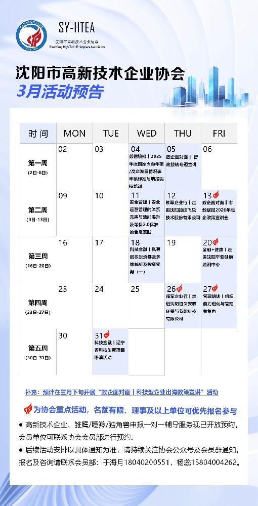 沈阳市高新技术企业协会3月活动预告